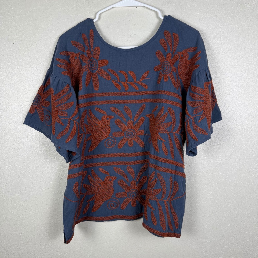 Sister Mary Luna Embroidered Blue Floral Short-Sleeve Blouse - Picture 4 of 7